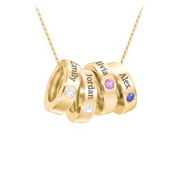 Engravable Gemstone Stacking Ring Charm Necklace - 4 in 9K Solid Yellow Gold with Diamond, Amethyst, and Blue Sapphire