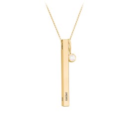 Engravable Vertical 3D Bar Necklace with 1-Stone Charm in 9K Solid Yellow Gold with Diamond