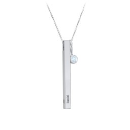Engravable Vertical 3D Bar Necklace with 1-Stone Charm in 925 Sterling Silver with Aquamarine