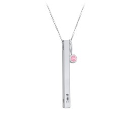 Engravable Vertical 3D Bar Necklace with 1-Stone Charm in 925 Sterling Silver with Pink Tourmaline