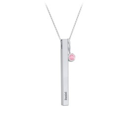 Engravable Vertical 3D Bar Necklace with 1-Stone Charm in 925 Sterling Silver with Pink Tourmaline