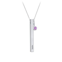 Engravable Vertical 3D Bar Necklace with 1-Stone Charm in 925 Sterling Silver with Amethyst