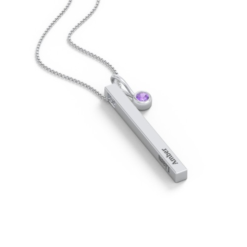 Engravable Vertical 3D Bar Necklace with 1-Stone Charm – Sterling Silver with Amethyst