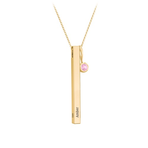 Engravable Vertical 3D Bar Necklace with 1-Stone Charm – 9kt Yellow Gold with Pink Tourmaline