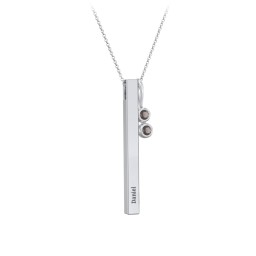Engravable Vertical 3D Bar Necklace with 2-Stone Charm in 925 Sterling Silver with Smokey Quartz
