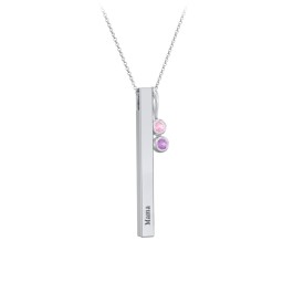 Engravable Vertical 3D Bar Necklace with 2-Stone Charm in 925 Sterling Silver with Pink Tourmaline and Amethyst