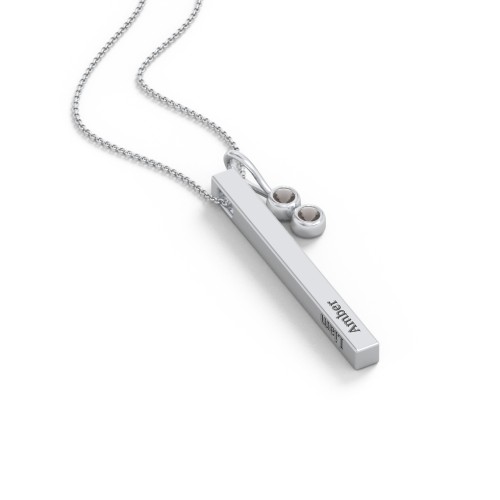Engravable Vertical 3D Bar Necklace with 2-Stone Charm – Sterling Silver with Smokey Quartz