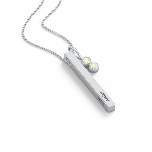 Engravable Vertical 3D Bar Necklace with 2-Stone Charm – Sterling Silver with Peridot