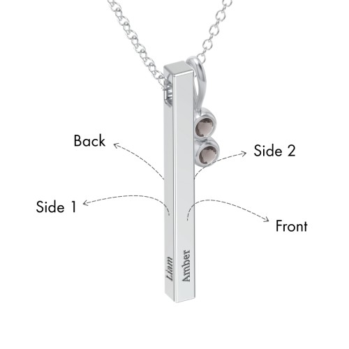Engravable Vertical 3D Bar Necklace with 2-Stone Charm – Sterling Silver with Smokey Quartz