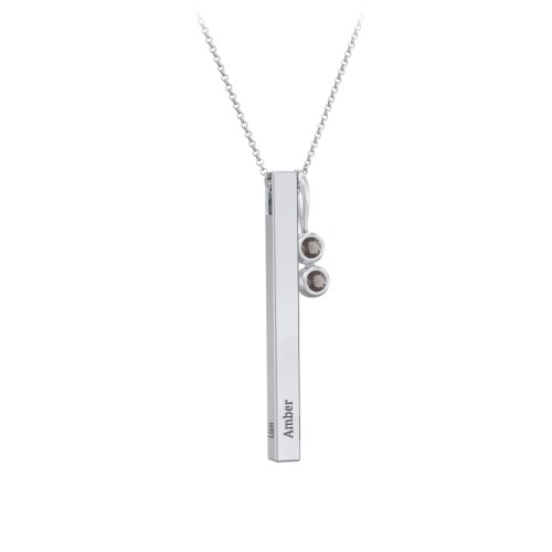 Engravable Vertical 3D Bar Necklace with 2-Stone Charm – Sterling Silver with Smokey Quartz