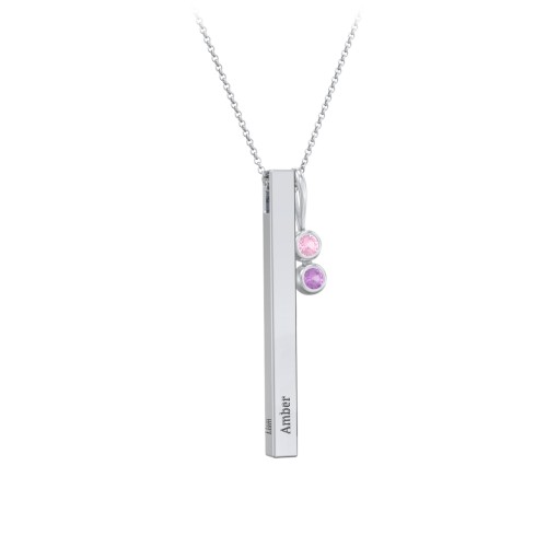 Engravable Vertical 3D Bar Necklace with 2-Stone Charm – Sterling Silver with Pink Tourmaline and Amethyst