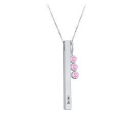 Engravable Vertical 3D Bar Necklace with 3-Stone Charm in 925 Sterling Silver with Pink Sapphire