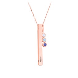 Engravable Vertical 3D Bar Necklace with 3-Stone Charm in 9K Solid Rose Gold with Lavender Premium Zirconia, Blue Topaz, and Blue Sapphire
