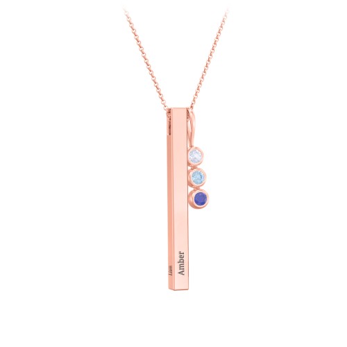Engravable Vertical 3D Bar Necklace with 3-Stone Charm – 9kt Rose Gold with Lavender Premium Zirconia, Blue Topaz, and Blue Sapphire
