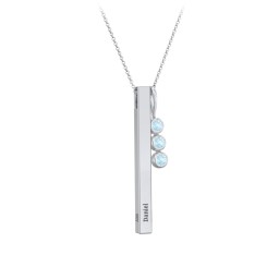 Engravable Vertical 3D Bar Necklace with 3-Stone Charm in 925 Sterling Silver with Blue Topaz
