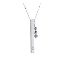 Engravable Vertical 3D Bar Necklace with 3-Stone Charm in 925 Sterling Silver with Smokey Quartz