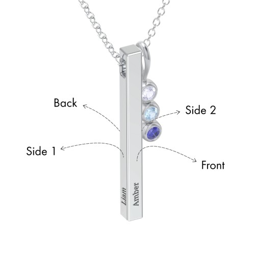 Engravable Vertical 3D Bar Necklace with 3-Stone Charm – Sterling Silver with Lavender Premium Zirconia, Blue Topaz, and Blue Sapphire