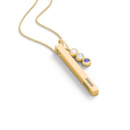 Engravable Vertical 3D Bar Necklace with 3-Stone Charm – 9kt Yellow Gold with Lavender Premium Zirconia, Blue Topaz, and Blue Sapphire