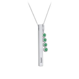 Engravable Vertical 3D Bar Necklace with 4-Stone Charm in 925 Sterling Silver with Emerald