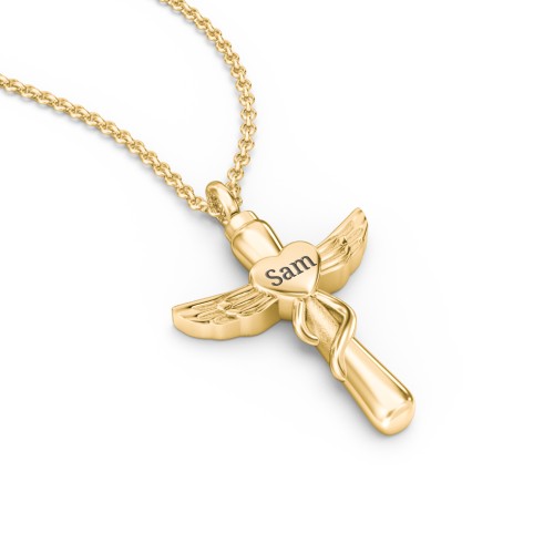 Engravable Winged Cross Urn Necklace in Yellow Ion-Plated Steel
