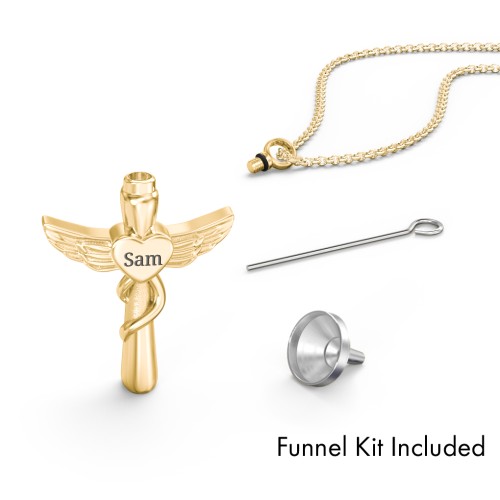 Engravable Winged Cross Urn Necklace in Yellow Ion-Plated Steel