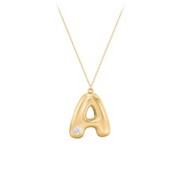 Custom Bubble Initial Necklace with Birthstone in 18K Gold Plated Silver with Diamond