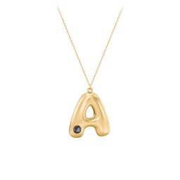 Custom Bubble Initial Necklace with Birthstone in 18K Gold Plated Silver with Smokey Quartz