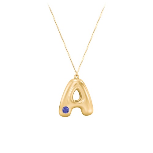 Custom Bubble Initial Necklace with Birthstone – 18K Gold Plated Silver with Blue Sapphire