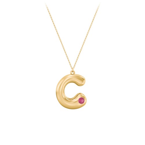 Custom Bubble Initial Necklace with Birthstone – 18K Gold Plated Silver with Ruby