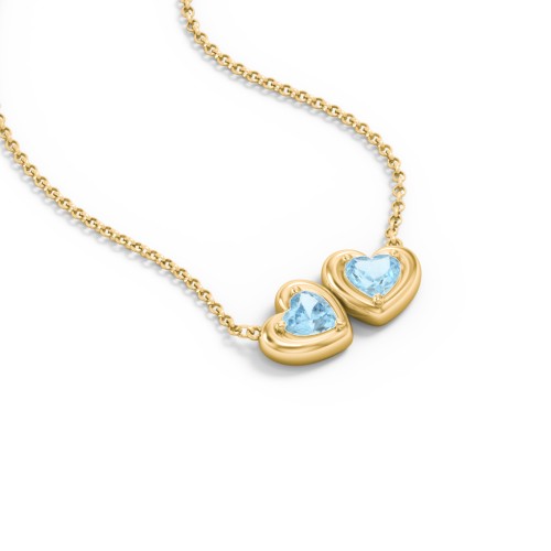 Puffy Heart Pendant with 2 Birthstones – 18K Gold Plated Silver with Blue Topaz