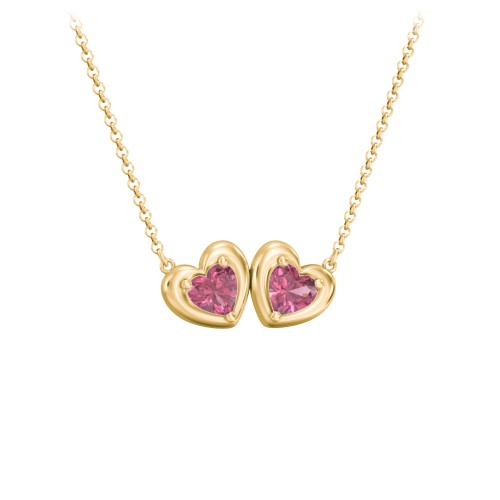 Puffy Heart Pendant with 2 Birthstones – 18K Gold Plated Silver with Pink Tourmaline