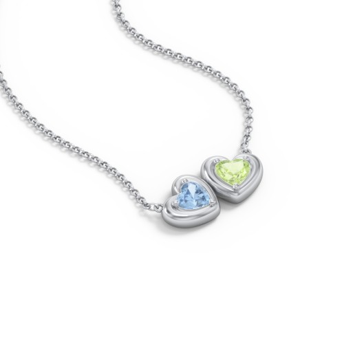 Puffy Heart Pendant with 2 Birthstones – Sterling Silver with Blue Topaz and Peridot