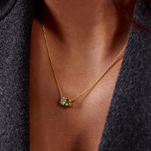 Toi et Moi Oval and Pear Gemstone Necklace – 18K Gold Plated Silver with Pink Tourmaline and Amethyst