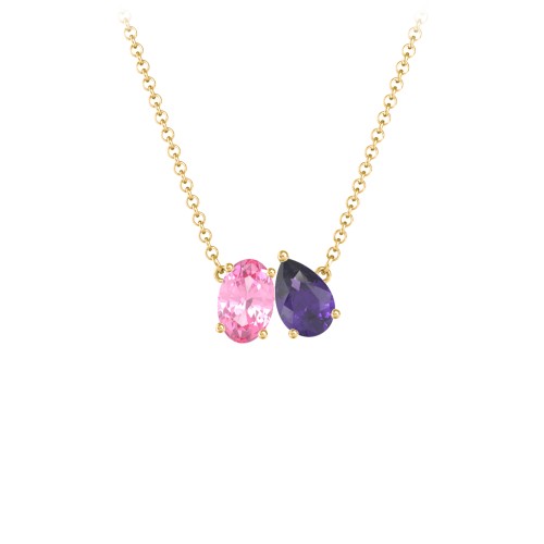 Toi et Moi Oval and Pear Gemstone Necklace – 18K Gold Plated Silver with Pink Tourmaline and Amethyst