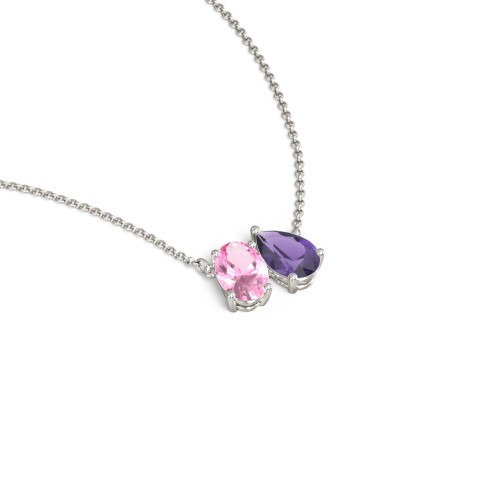 Toi et Moi Oval and Pear Gemstone Necklace – 14K White Gold with Pink Tourmaline and Amethyst