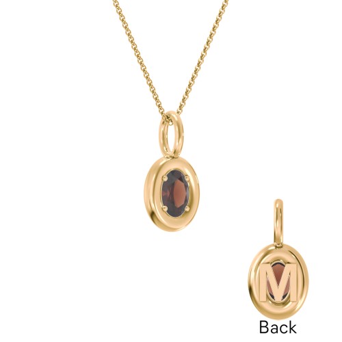 Oval Frame Stone Necklace With Back Initial – 18K Gold Plated Silver with Garnet