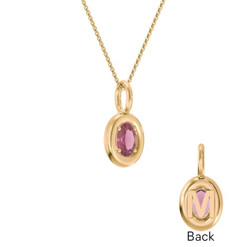 Oval Frame Stone Necklace With Back Initial – 18K Gold Plated Silver with Pink Tourmaline