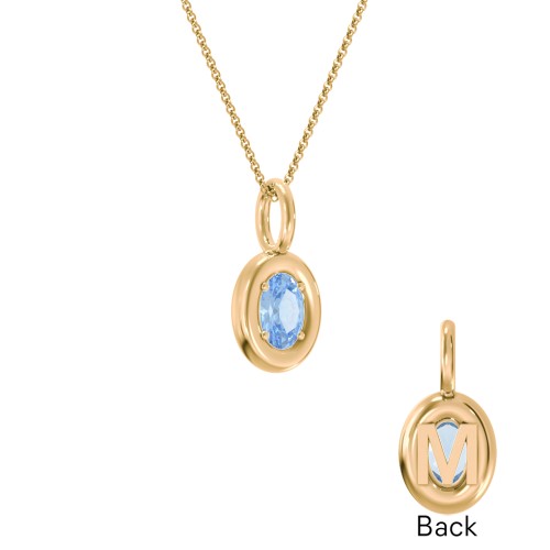 Oval Frame Stone Necklace With Back Initial – 18K Gold Plated Silver with Blue Topaz
