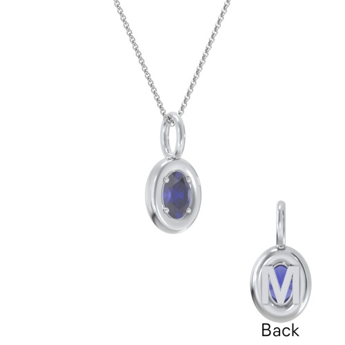Oval Frame Stone Necklace With Back Initial – Sterling Silver with Blue Sapphire