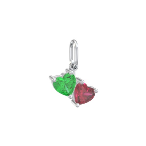 Double Heart Gemstone Charm – Sterling Silver with Emerald and Ruby