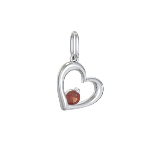 Tilted Heart Gemstone Charm – Sterling Silver with Garnet