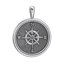 Men's Engravable Compass Pendant with Gemstone in 925 Sterling Silver