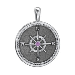 Men's Engravable Compass Pendant with Gemstone in 925 Sterling Silver with Amethyst