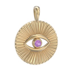 Men's Evil Eye Disc Pendant with Gemstone in 18K Gold Plated Silver with Amethyst