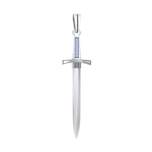 Men's Engravable Sword Pendant with Accent Stones – Sterling Silver with Fancy Blue Premium Zirconia