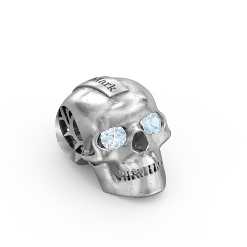 Men's Engravable Skull Pendant with Gemstone Eyes – Sterling Silver with Aquamarine