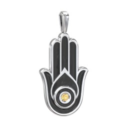 Men's Engravable Hamsa Gemstone Pendant with Cold Enamel in 925 Sterling Silver with Citrine