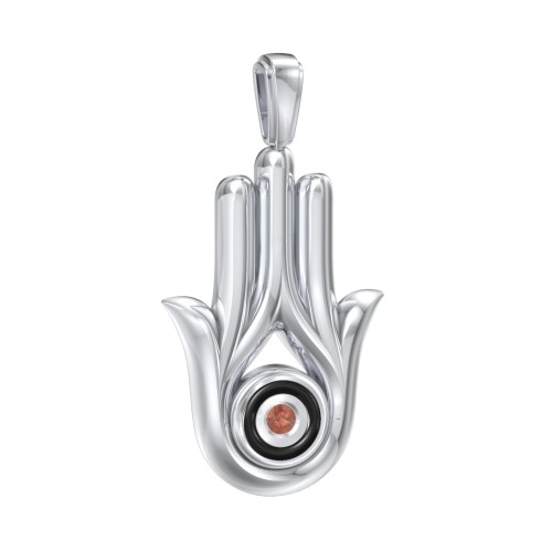 Men's Hamsa Pendant with Gemstone & Cold Enamel – Sterling Silver with Garnet