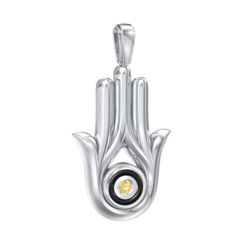 Men's Hamsa Pendant with Gemstone & Cold Enamel – Sterling Silver with Citrine