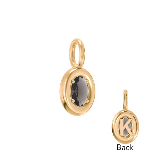 Oval Frame Stone Charm With Back Initial – 18K Gold Plated Silver with Smokey Quartz